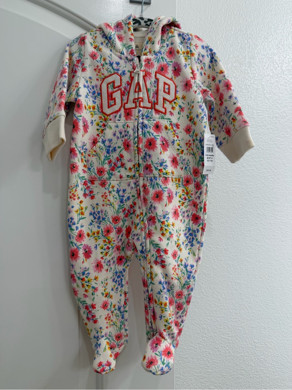 GAP Cream Floral Hooded Footed Romper with Pink and Blue Blooms